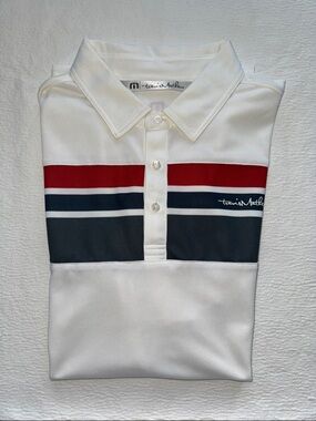 NWOT Travis Mathew White Polo with Red & Country Blue Chest Stripes M